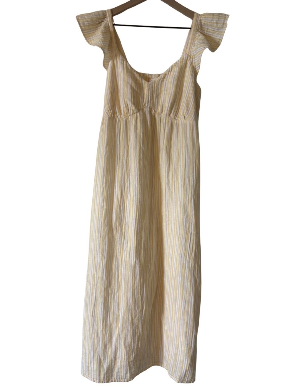 White & Yellow Striped Cotton Maxi Dress with Flutter Straps